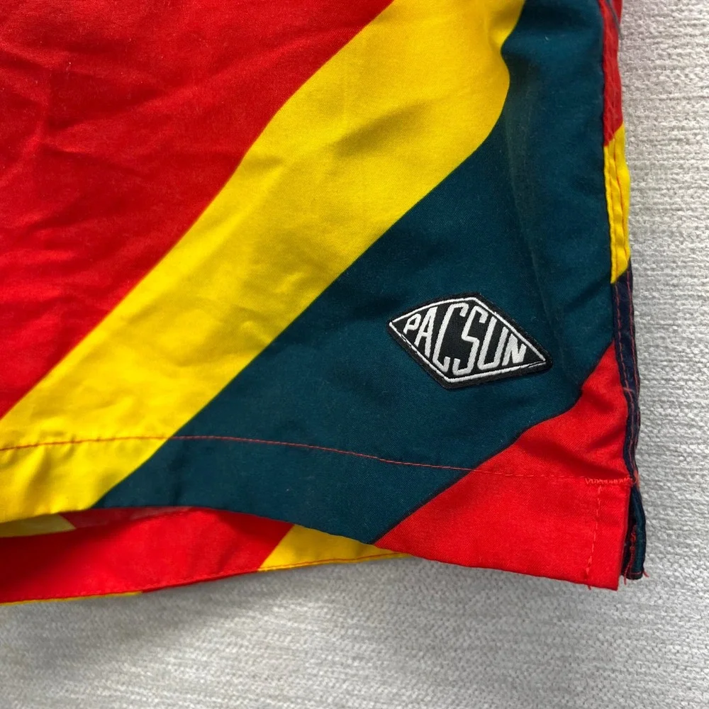 PacSun Swim Trunks Mens Large Red‎ Yellow Navy Diagonal Striped Board Shorts